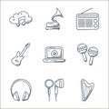 music line icons. linear set. quality vector line set such as harp, earbud, headphones, maracas, online video, guitar, radio,