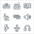 Music line icons. linear set. quality vector line set such as headphones, violin, earbuds, sound, melodica, audio jack, musical