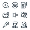 music line icons. linear set. quality vector line set such as heavy, rocker, microphone, music folder, mute, gramophone, compact Royalty Free Stock Photo