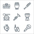 Music line icons. linear set. quality vector line set such as microphone, audio jack, discman, djembe, clarinet, drum, flute,