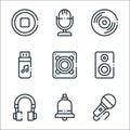 music line icons. linear set. quality vector line set such as microphone, bell, headphones, speaker, speaker, usb, cd, microphone