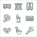 music line icons. linear set. quality vector line set such as microphone, sax, maracas, piano keyboard, mike, mp music file,