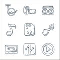 music line icons. linear set. quality vector line set such as play button, equalizer, cassette, download, memory card, music note