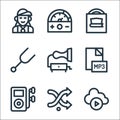 music line icons. linear set. quality vector line set such as music, random, mp file, gramophone, diapason, album, volumeter