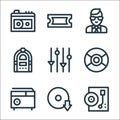 music line icons. linear set. quality vector line set such as record player, music download, radio, compact disc, controls, Royalty Free Stock Photo