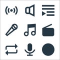 Music line icons. linear set. quality vector line set such as stop, microphone, repeat, radio, music note, microphone, playlist, Royalty Free Stock Photo