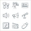 music line icons. linear set. quality vector line set such as usb, radio, musical note, microphone, megaphone, speaker, piano