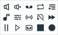 music line icons. linear set. quality vector line set such as vinyl, cassette, pause, stop, play, music note, sound off, repeat,