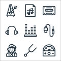 music line icons. linear set. quality vector line set such as volumeter, diapason, rapper, jack connector, sound level, headset,