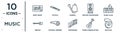 music linear icon set. includes thin line sheet music, cowbell, piano class, football referee whistle, three strings guitar,