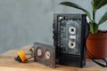 Music listening concept. Vintage cassette tape, audio player and headphones Royalty Free Stock Photo