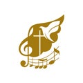 Music logo. Christian symbols. The cross of Jesus, the treble clef and the flying dove flying. Royalty Free Stock Photo