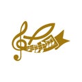 Music logo. Christian symbols. Notes, a treble clef and a fish - a symbol of Jesus.