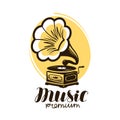 Music logo or label. Retro gramophone, phonograph symbol. Vector illustration