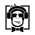 Music logo. Monkey in headphones and a bow-tie. vector image. Royalty Free Stock Photo