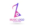 Music logo template. Musical note and vinyl record with play icon vector design. Turntable illustration Royalty Free Stock Photo