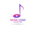 Music logo template. Musical note and vinyl record with play icon vector design. Turntable illustration