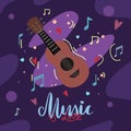 Music is love. Original lettering with ukulele, heart and musical notes on dark violet abstract background. Hobby and interest.