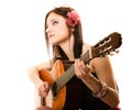 Music lover, summer girl with guitar isolated