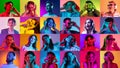 Music lovers. Collage of ethnically diverse people, men and women expressing emotion of pleasure over multicolored neon