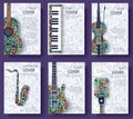 Music magazine layout flyer invitation design. Set of musical ornament illustration concept. Art instrument, poster