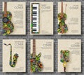 Music magazine layout flyer invitation design. Set of musical ornament illustration concept. Art instrument, poster