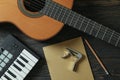 Music maker composition on wooden background Royalty Free Stock Photo