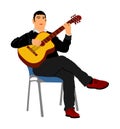 Music man sitting on the chair with guitar. Guitarist vector illustration, guitar player artist. Concert entertainment for public.