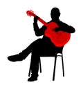Music man sitting on the chair with guitar. Guitarist vector silhouette illustration, guitar player artist.