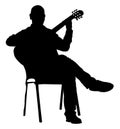 Music man sitting on the chair with guitar. Guitarist vector silhouette illustration, guitar player artist. Public concert.