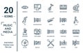 music.and.media linear icon set. includes thin line harmonica, jazz, metronome, dvd disc, stave, keytar, synthesizer icons for