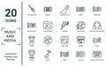 music.and.media linear icon set. includes thin line jack connector, eight note rest, djembe, timpani, music player settings,