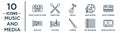 music.and.media linear icon set. includes thin line music player settings, ukelele, music keyboard, half note, dotted barline,