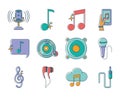 Music melody sound audio icons set line and fill style Royalty Free Stock Photo