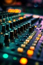 Music mixer console with illuminated knobs and sliders in a dimly lit studio, capturing the essence of sound engineering Royalty Free Stock Photo