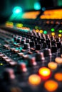 Music mixer console with illuminated knobs and sliders in a dimly lit studio, capturing the essence of sound engineering Royalty Free Stock Photo