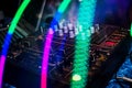 Music mixer with knobs and volume levels for professional DJ mixing in night club