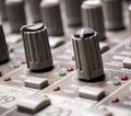 Music mixer in studio closeup. Shot of rotary switch and jack connector in audio board concerte equipment. Royalty Free Stock Photo