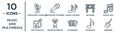 music.and.multimedia linear icon set. includes thin line musician with saxophone, musical sixteenth note, musical note, orchestra