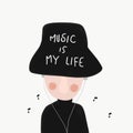 Music is my life man wear hat and listening song cartoon watercolor painting
