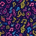 Music neon seamless pattern. Notes musical neontube abstract dark background, musician symbols, violin key bass key