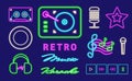 Music neon set. Neon elements with lettering. Retro karaoke collection