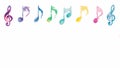 Music note background isolated on a white background showing a colourful watercolour painting of a treble clef and crotchets in a