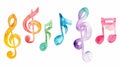 Music note background isolated on a white background showing a colourful watercolour painting of a treble clef and crotchets in a