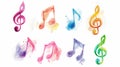 Music note background isolated on a white background showing a colourful watercolour painting of a treble clef and crotchets in a