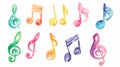 Music note background isolated on a white background showing a colourful watercolour painting of a treble clef and crotchets in a