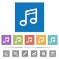 Music note flat white icons in square backgrounds