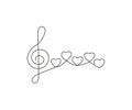 Music note in form heart and treble clef, continuous one art line drawing. Music is love concept. Hand drawn doodle Royalty Free Stock Photo