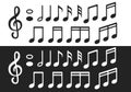 Music note icons set: treble clef and an array of music notes and symbols in white and black color. Flat vector Royalty Free Stock Photo