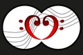 Music note stave and heart bass clef,